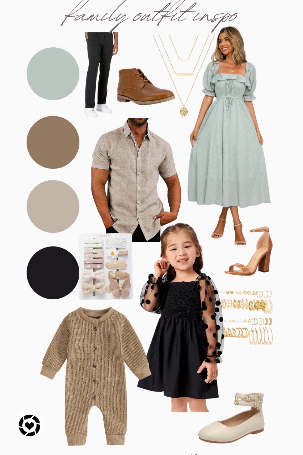 Family outfit inspiration board with sage green and neutral tones featuring dresses and casual wear.