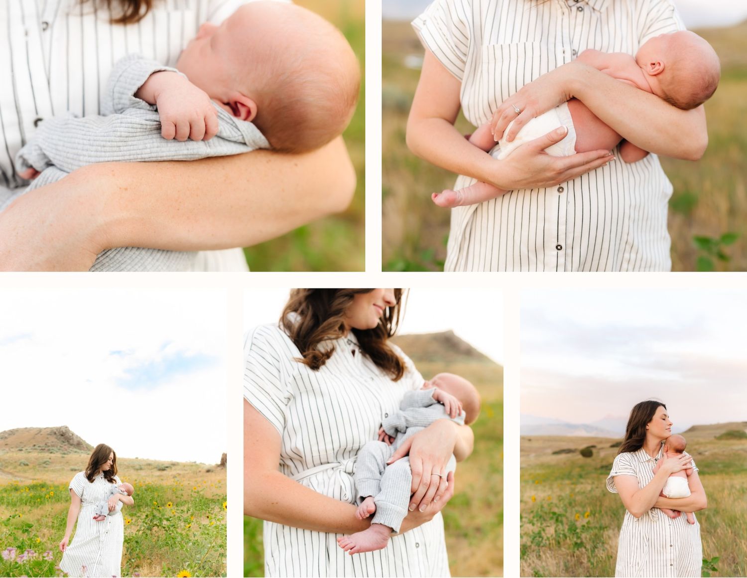 Collage of outdoor maternity photos showing a pregnant woman in a white dress against a natural background.