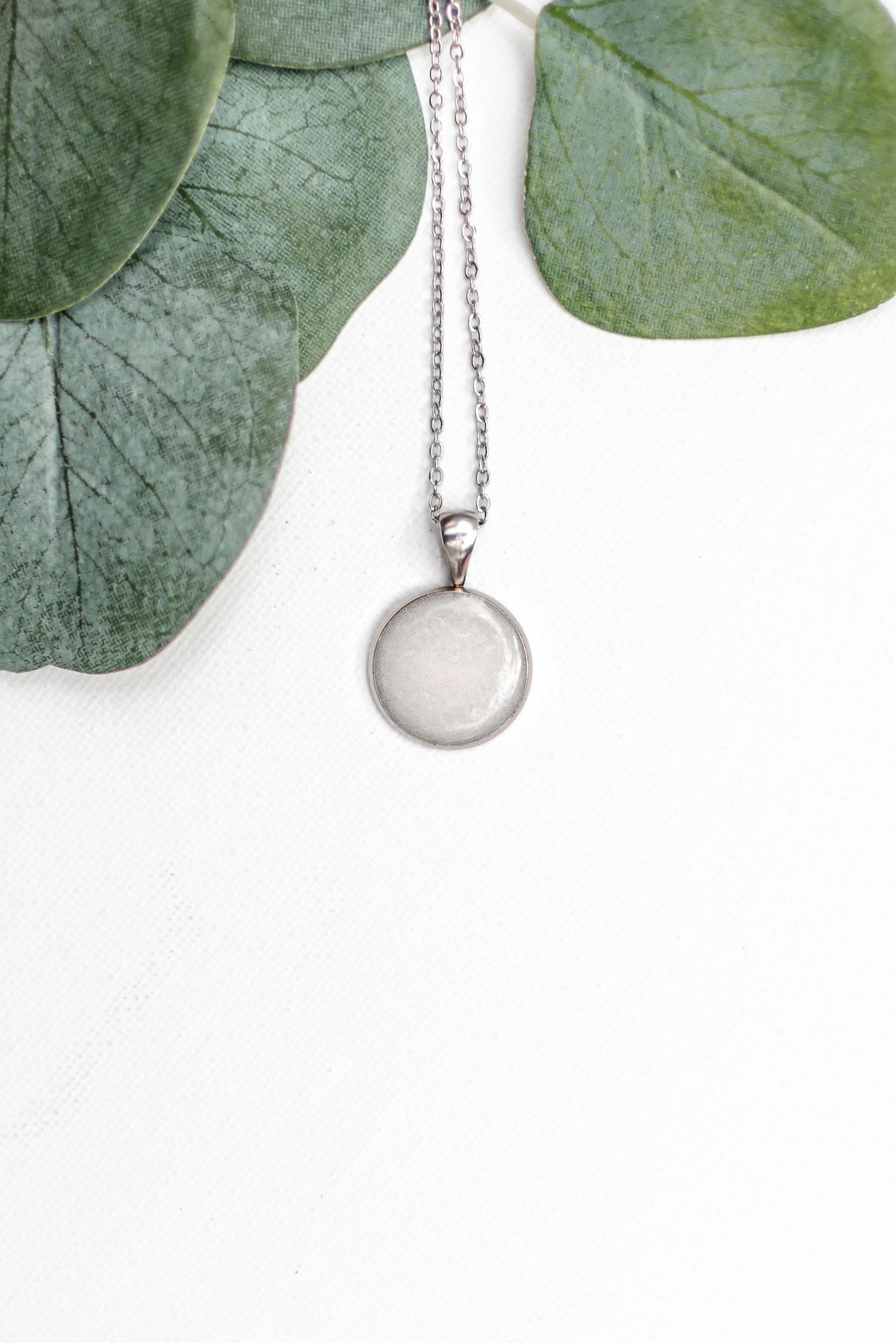Silver necklace with pendant displayed on green monstera leaves.
