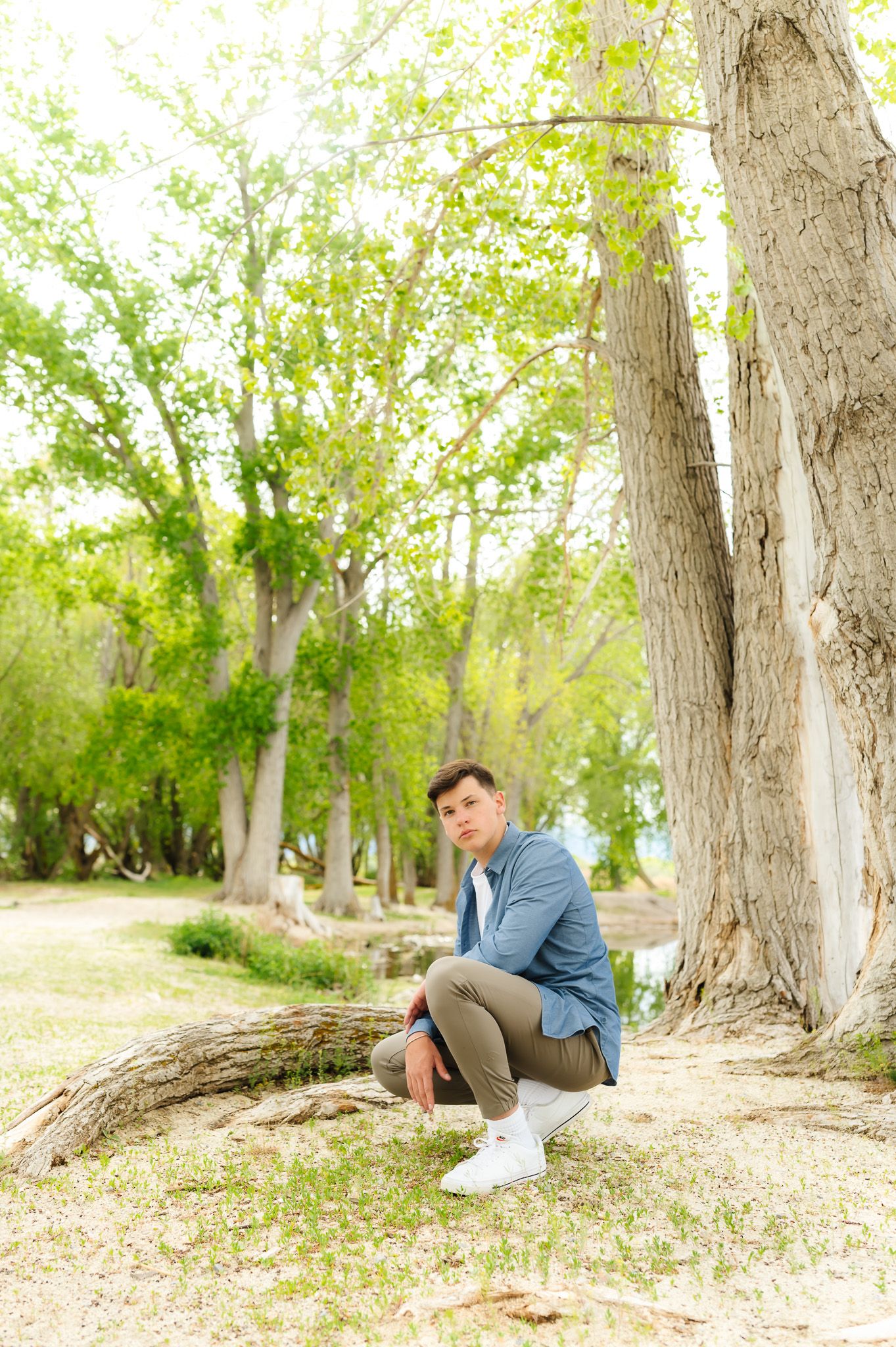Person in casual attire relaxes against tree trunks in a serene woodland setting.
