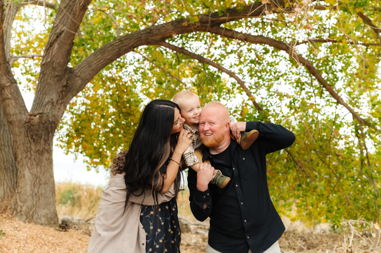 Family playing and laughing together under a canopy of golden autumn leaves.