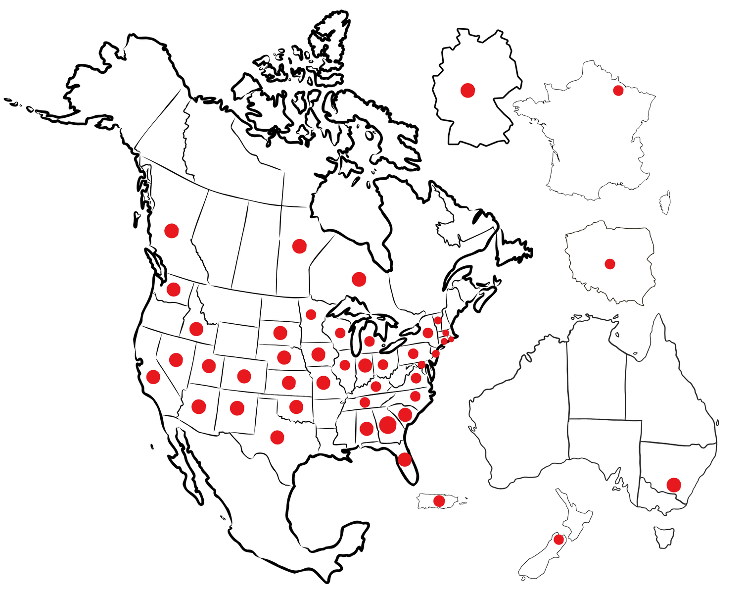 Map showing red dot distribution across North America, Germany, Poland, and Australia marking geographic locations.