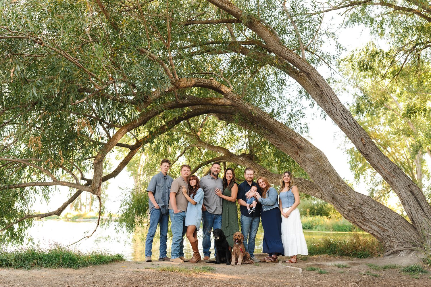 Family portrait of group posing under large willow tree near lake with dog, outdoor photography.
