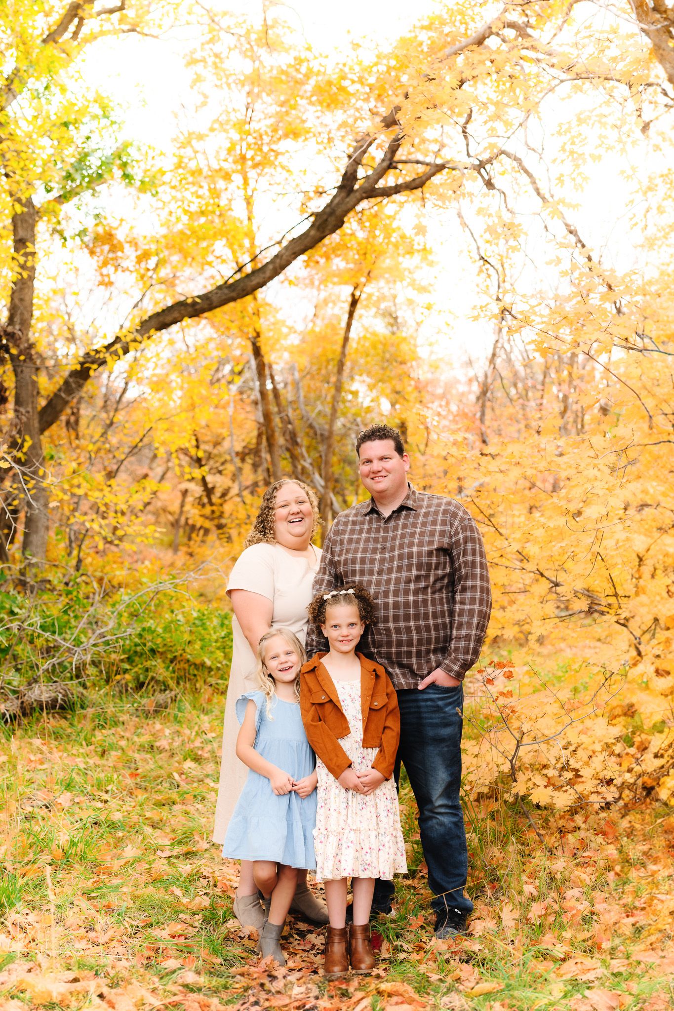 A family poses together against a backdrop of vibrant yellow autumn foliage in a wooded setting.