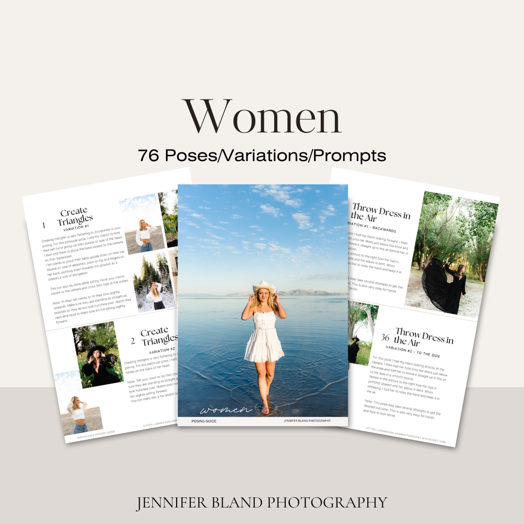 Photography posing guide showing 76 poses and prompts for women with sample images.
