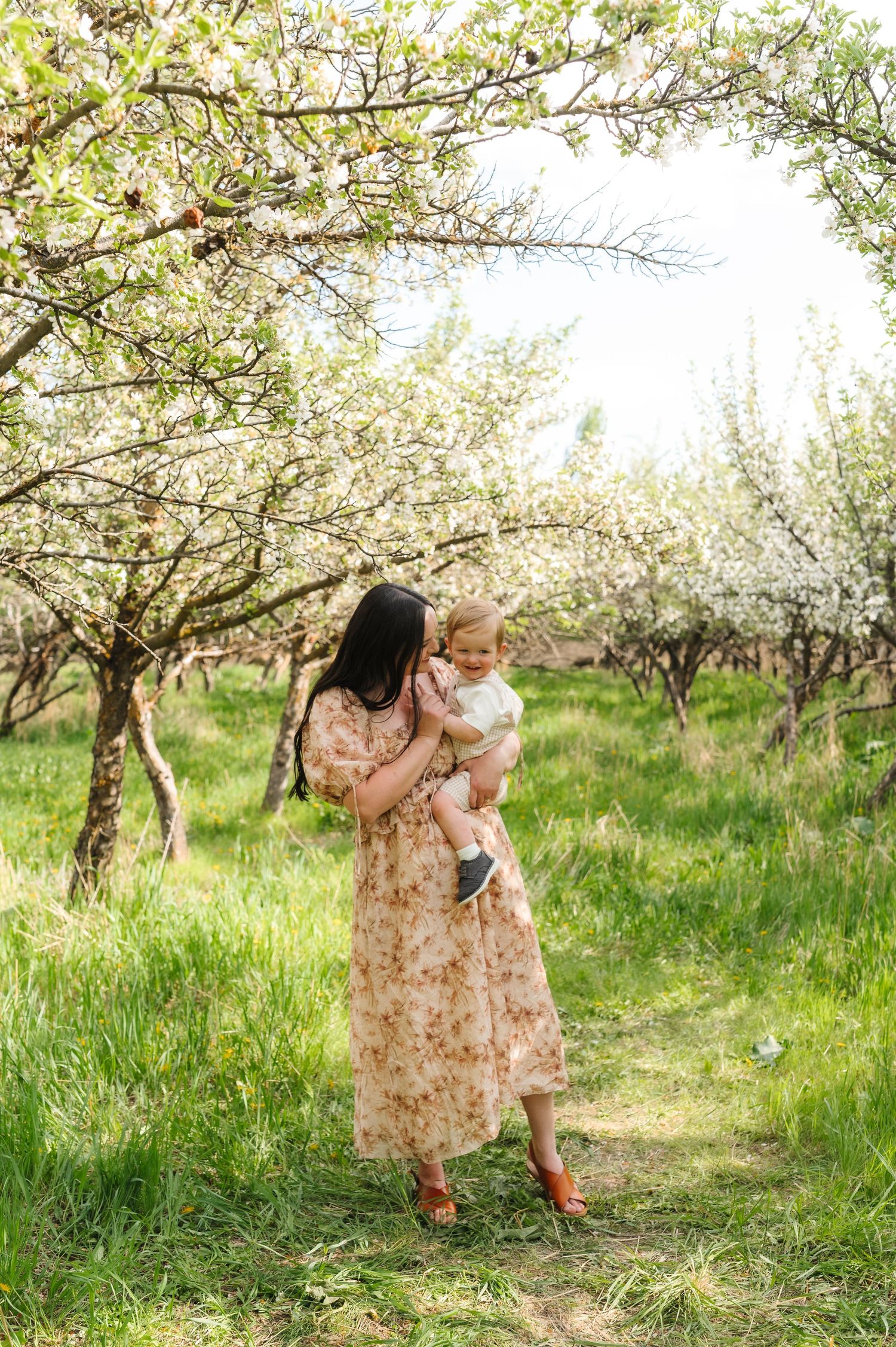 Two people dance and twirl in a sunlit orchard of blooming cherry trees on a spring afternoon.