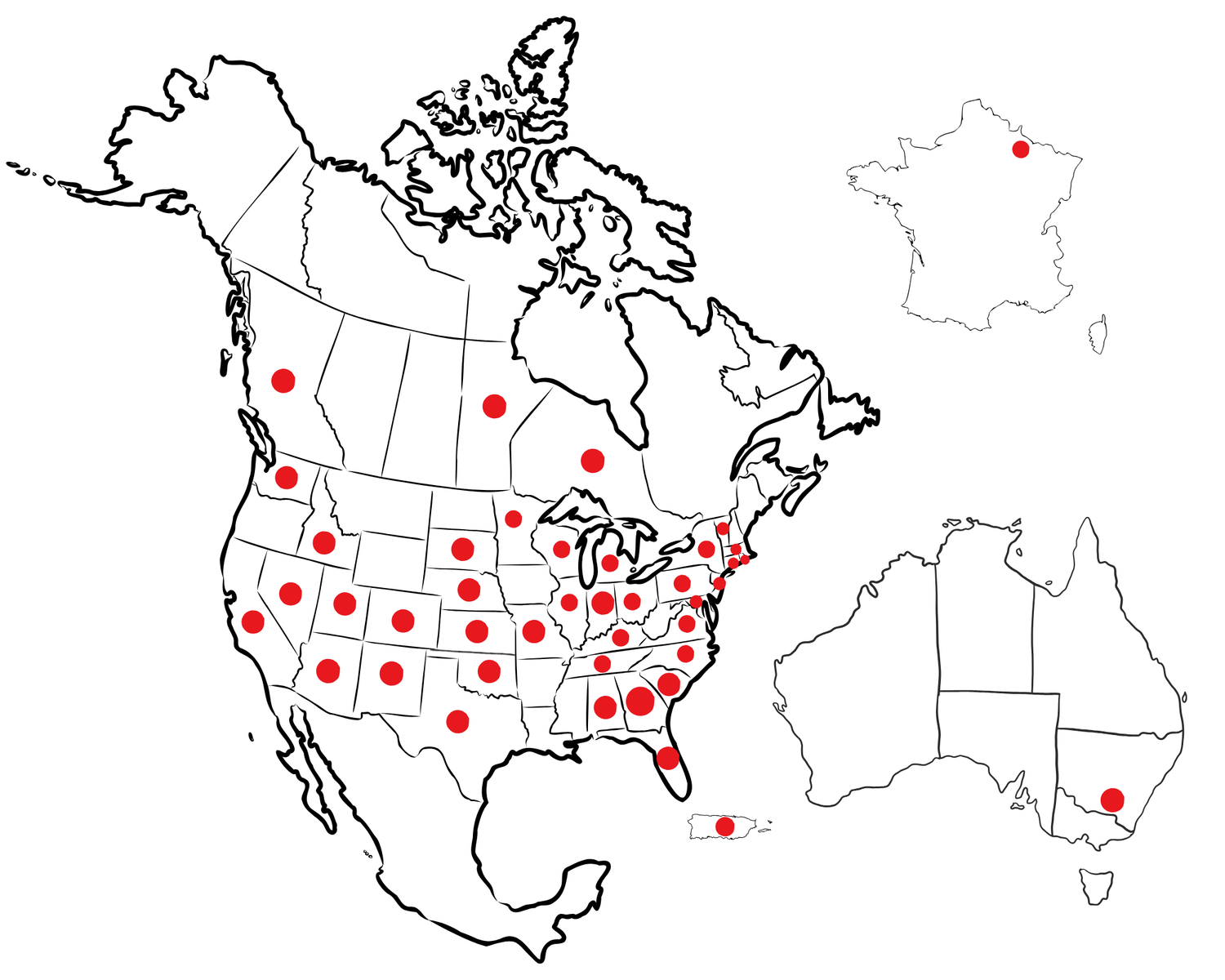 Map of North America, France, and Australia with red dots marking multiple geographic locations across each continent.