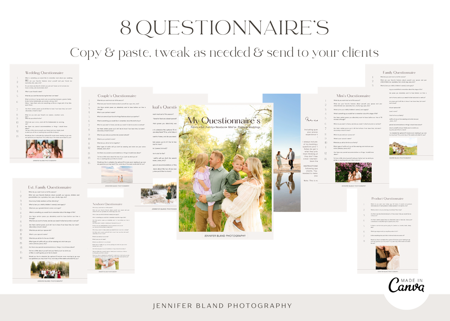 Professional photography questionnaire template with multiple pages of client forms and sample images.