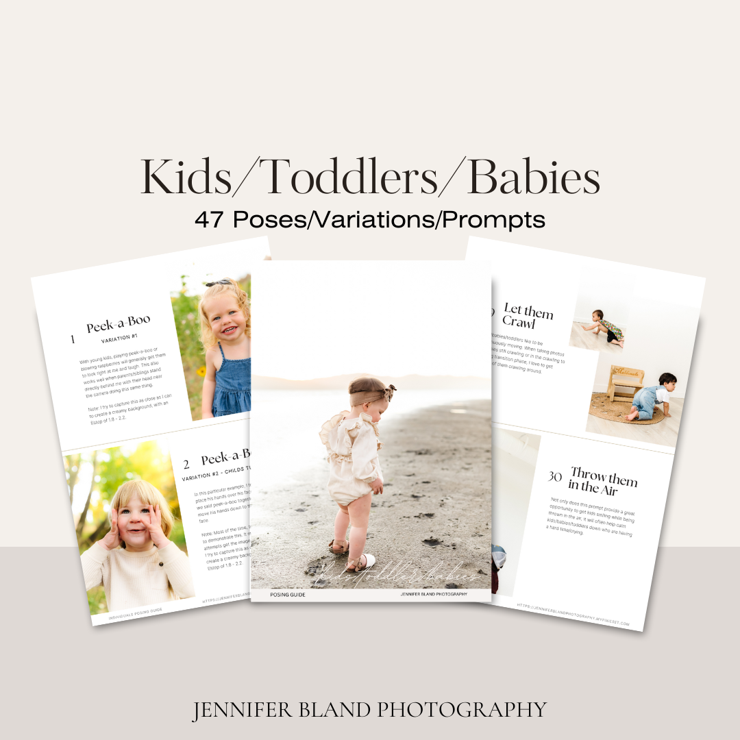 Photography guide showing posing ideas for kids and toddlers with sample images on beach.