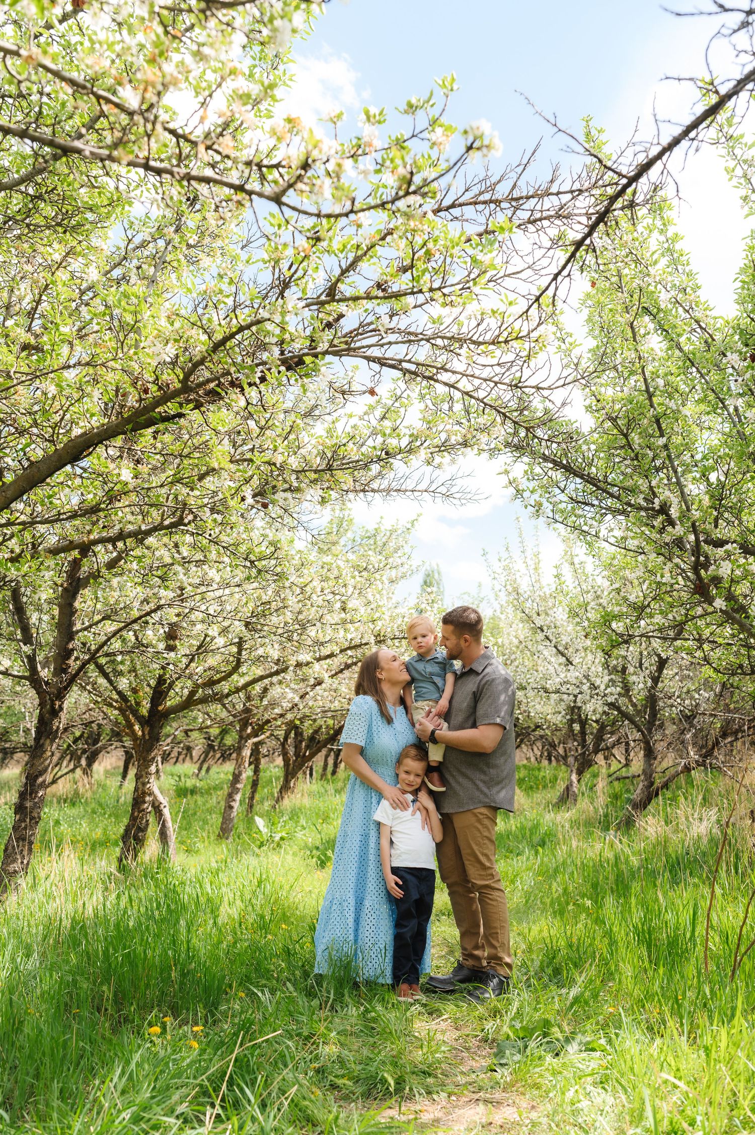 A family shares a tender moment together in a blooming spring orchard with lush green grass and flowering trees.