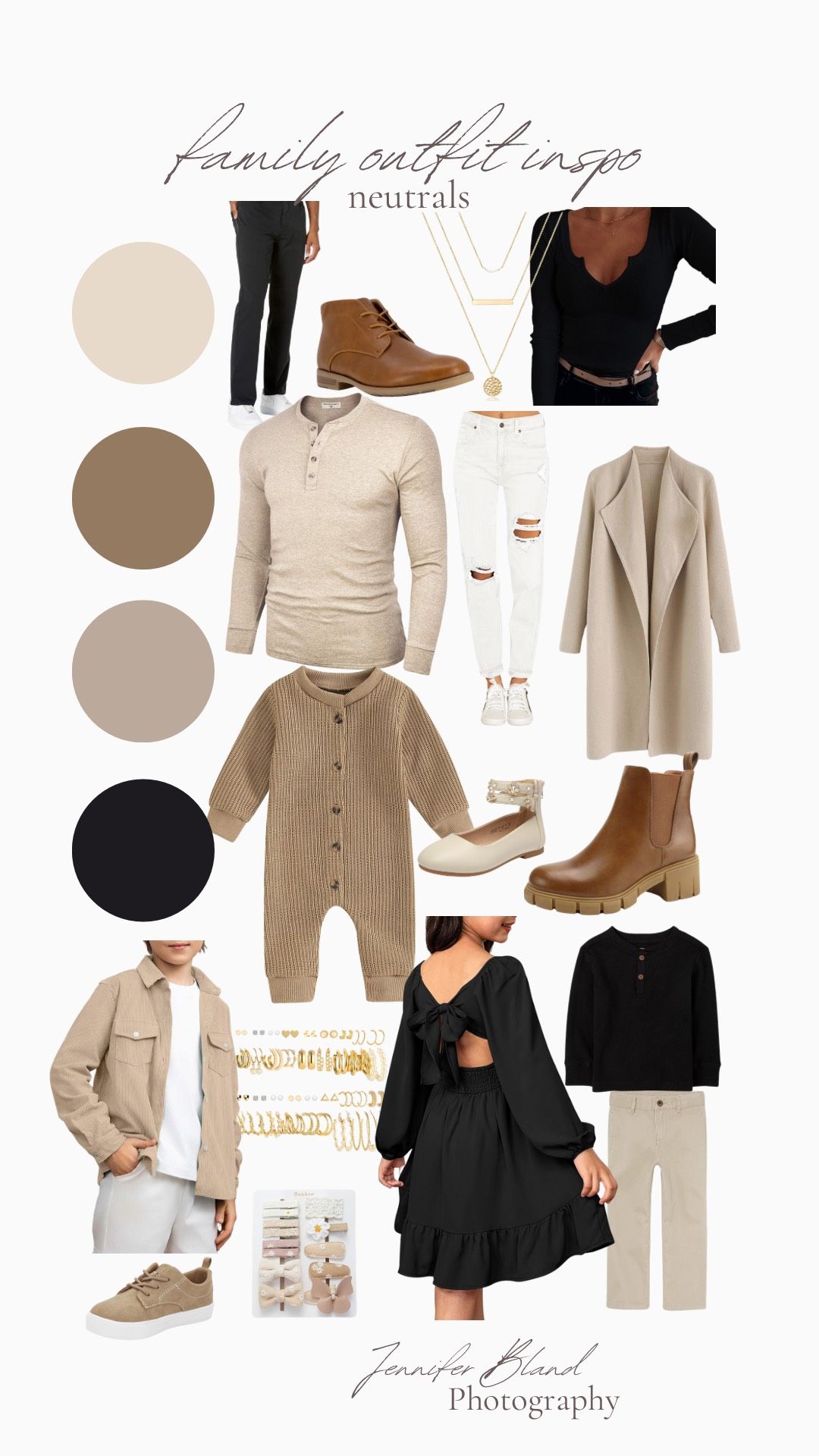 Neutral family outfit mood board featuring beige, brown and black clothing pieces.
