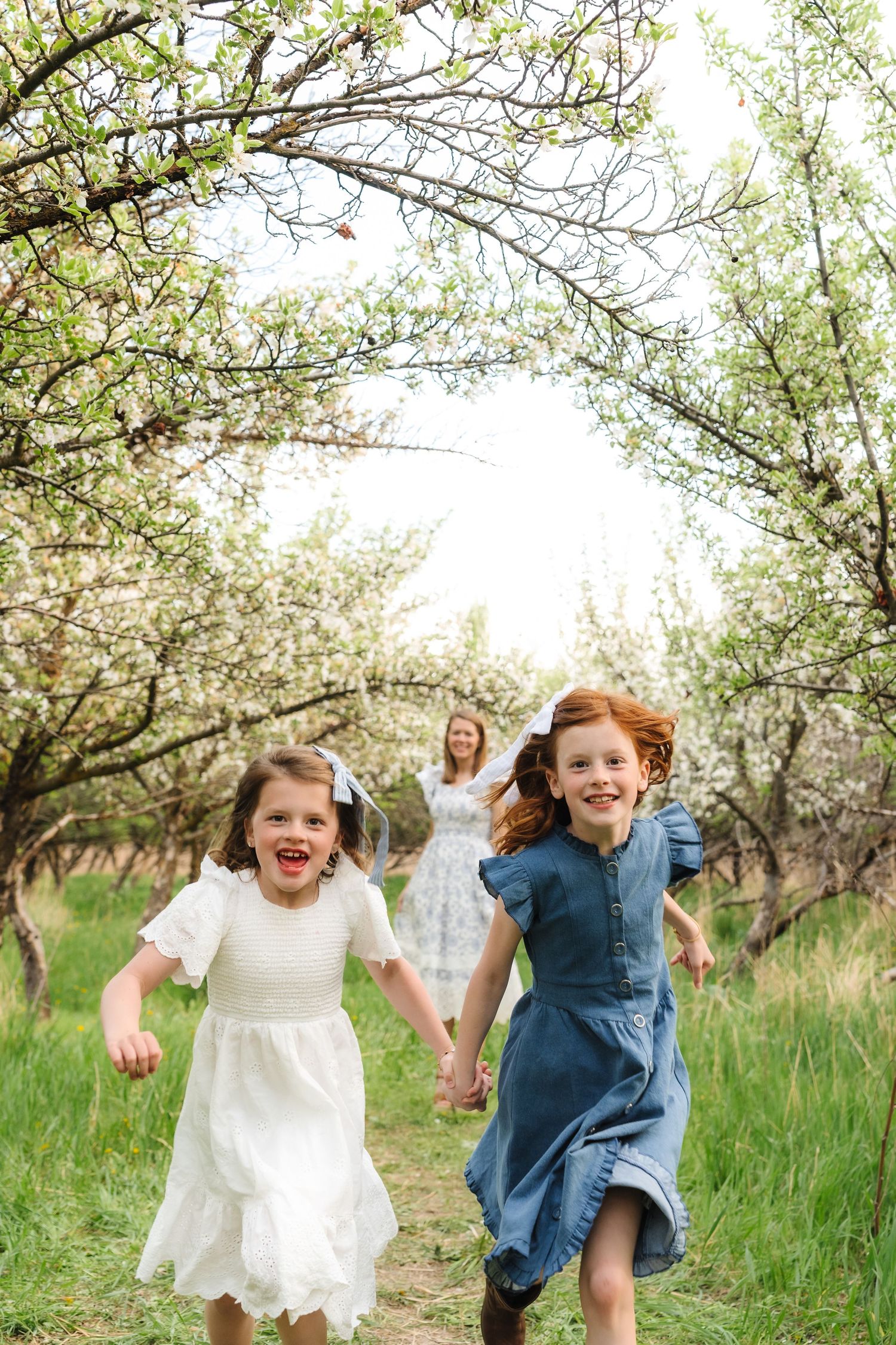 Joyful children running and laughing through an orchard of blooming trees on a sunny spring day.
