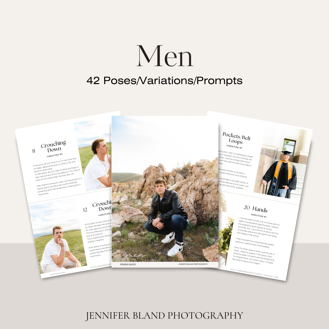 Men's photography posing guide with 42 variations and example photos on neutral background.