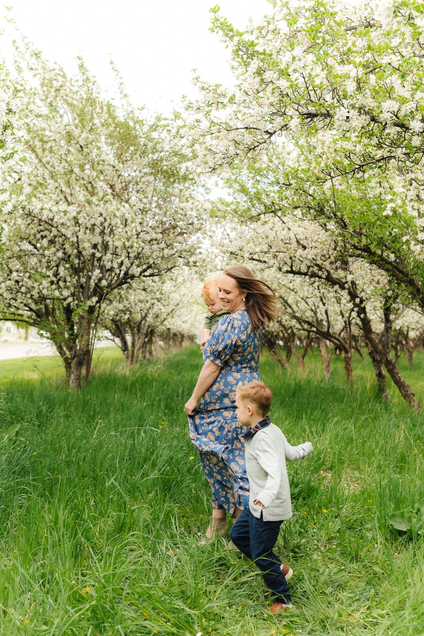 A playful moment captured in motion under blooming spring trees in a green orchard.