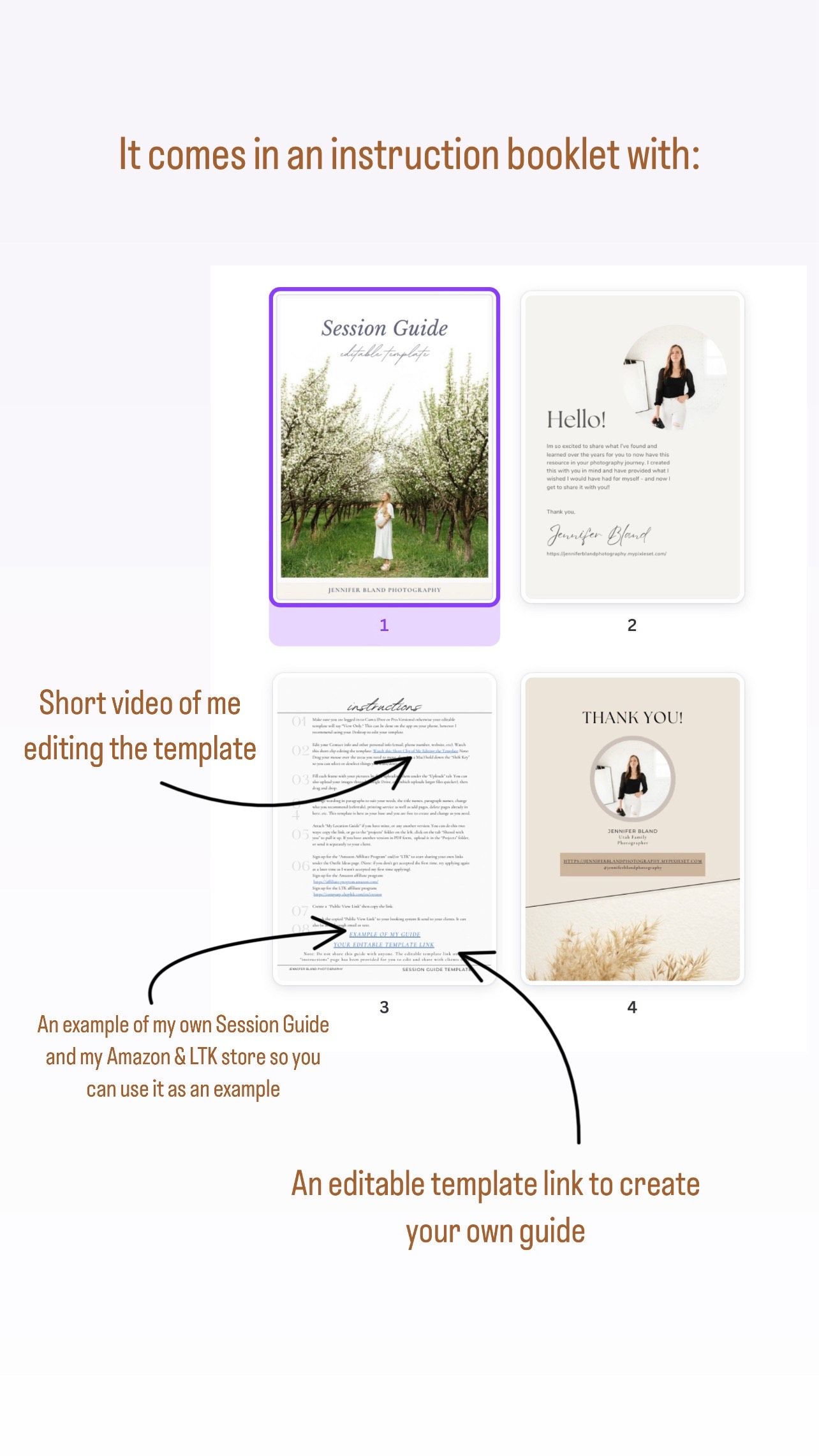 Instruction booklet layout showing session guide pages with editing template and video tutorial.