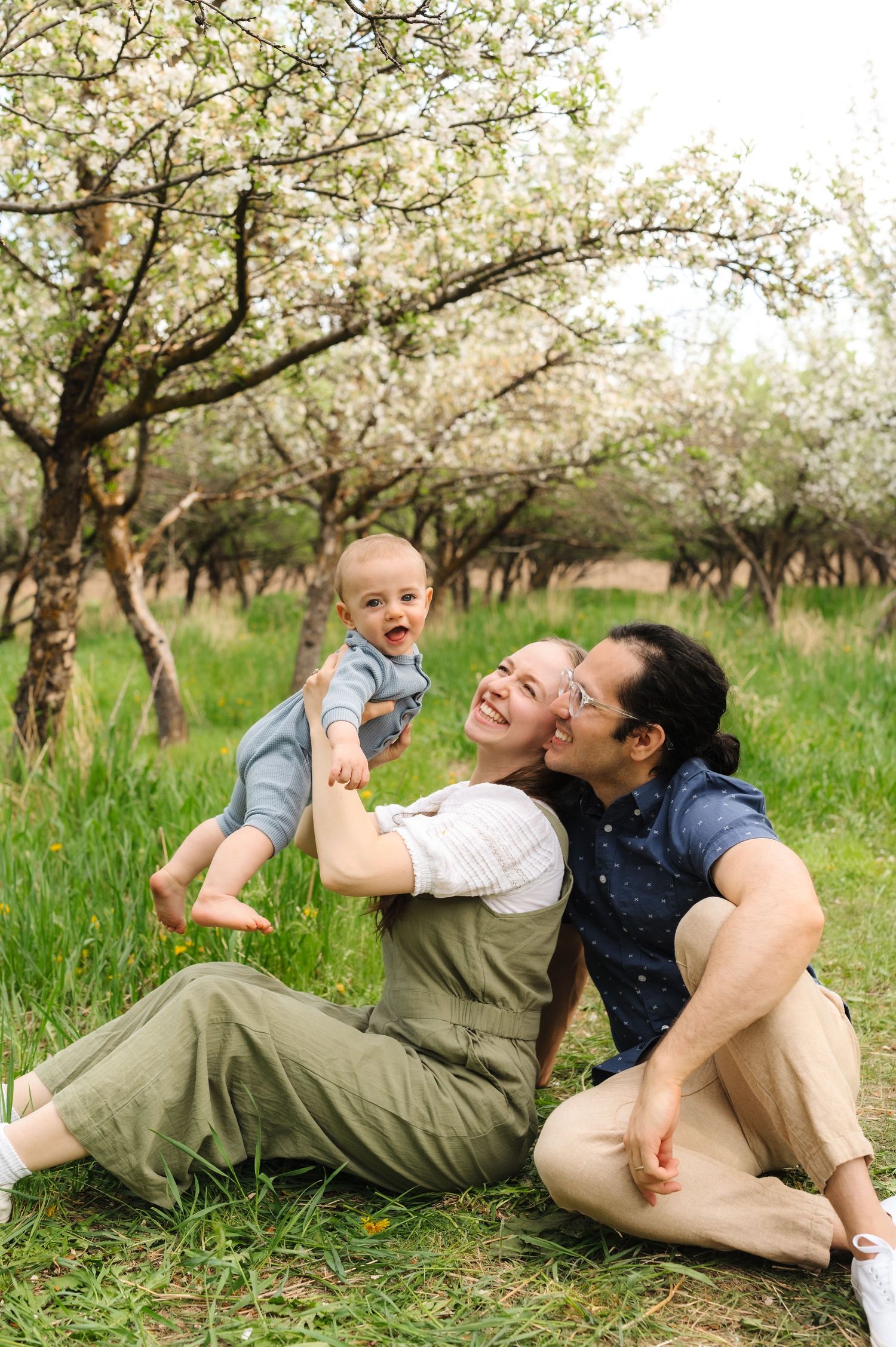 Family relaxing together in a blooming spring orchard with white cherry blossoms overhead.