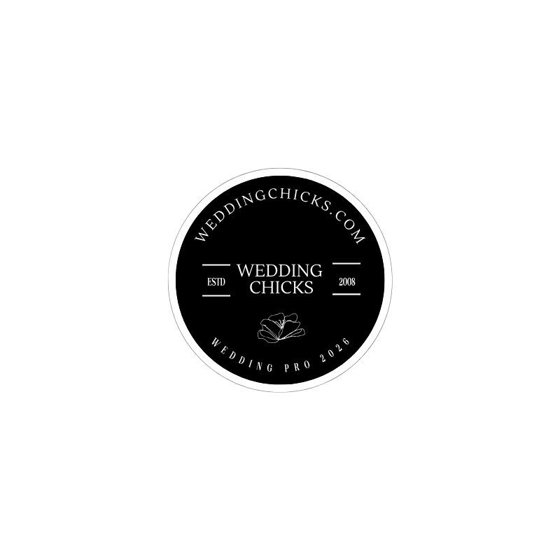 Black circular Wedding Chicks badge sticker with white text, established 2018, Wedding Pro seal design.