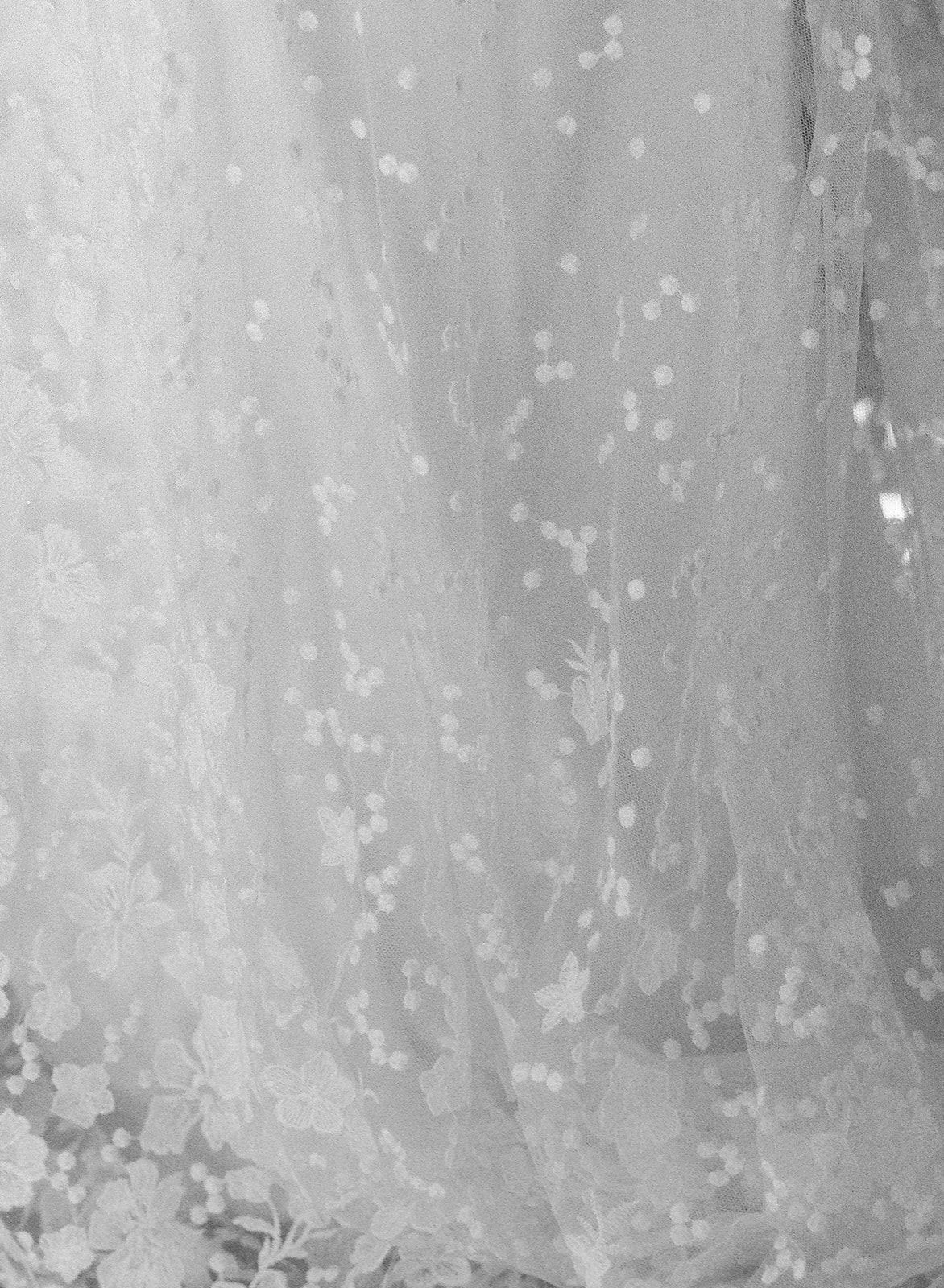 Delicate white lace curtains with floral patterns filtering soft daylight through translucent fabric.