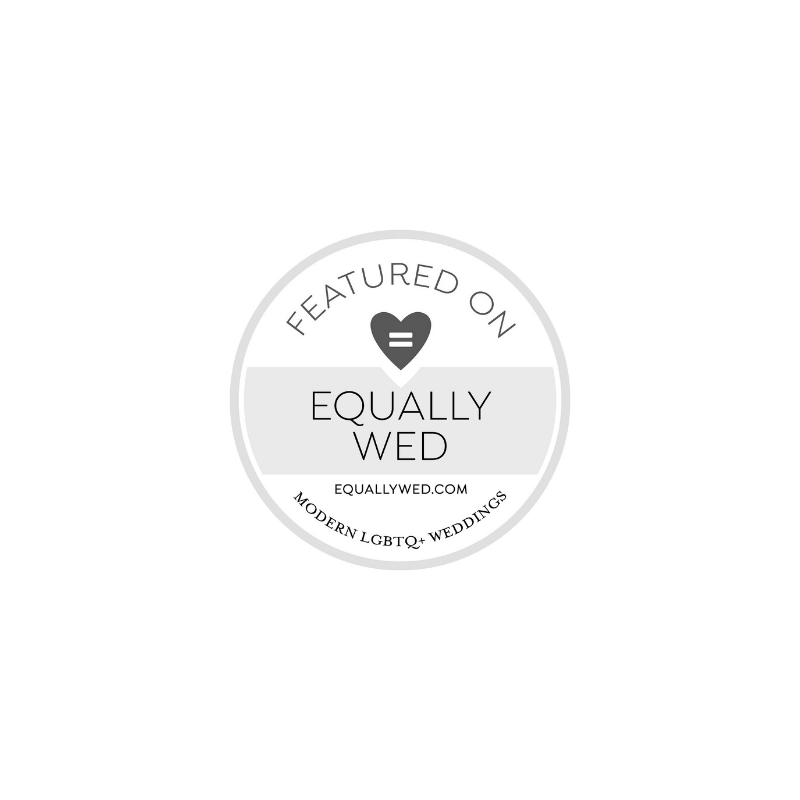 Equally Wed featured badge for modern LGBTQ+ weddings, displayed as a circular gray and white emblem.