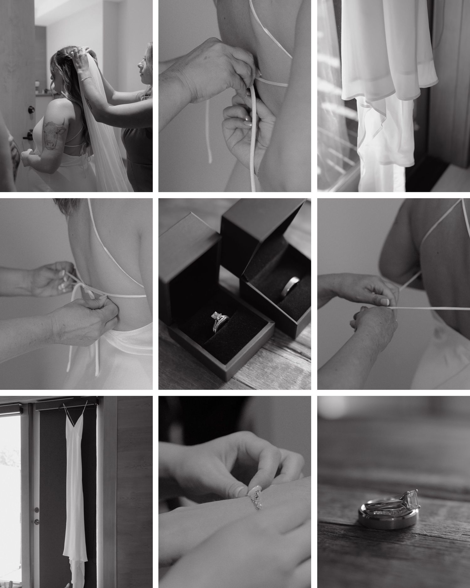 Wedding preparation collage showing dress details, rings, and getting ready moments in black and white.
