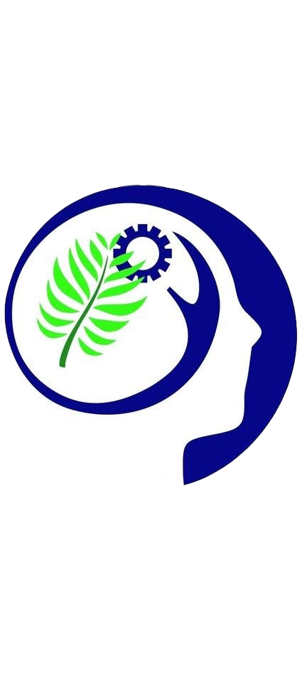Abstract blue spiral design with small green fern leaves repeated along the curved pattern.