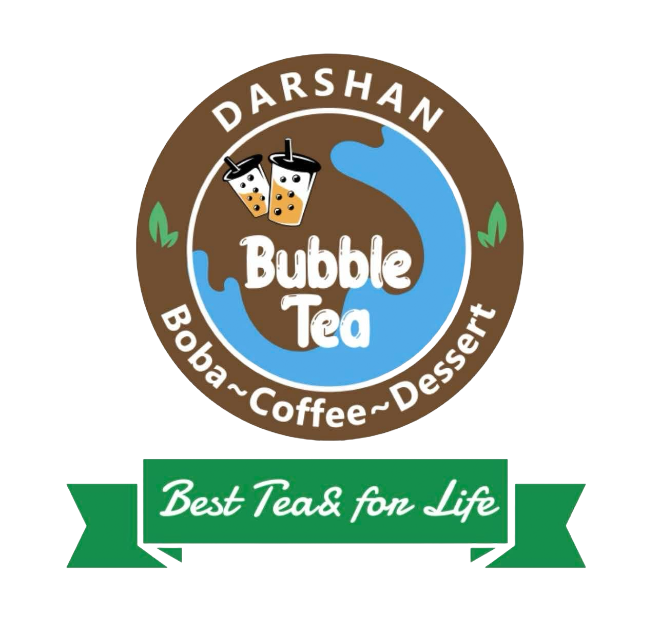Collection of coffee and tea shop logos featuring circular brown designs with cups, text and leaf motifs.