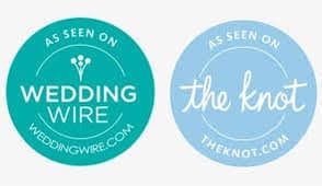 Wedding vendor badges from WeddingWire and The Knot websites in teal and blue colors.