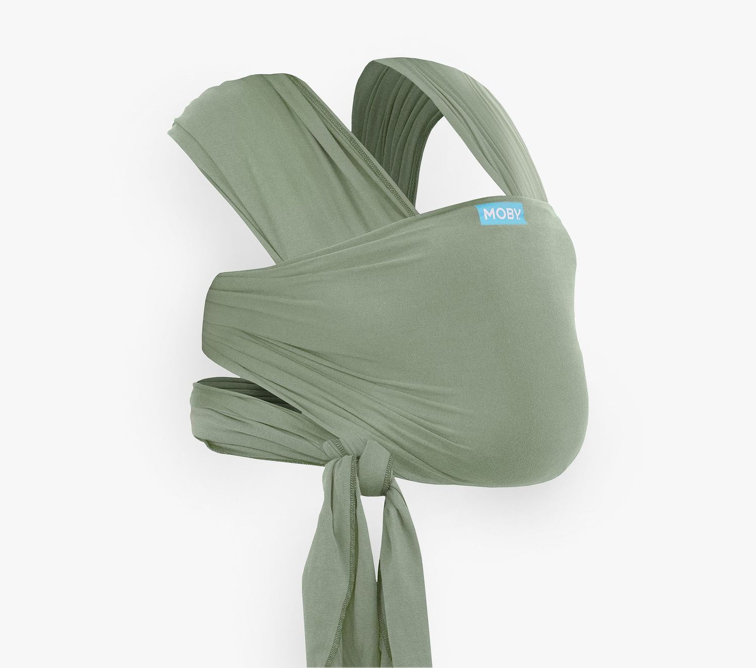 Close-up view of an olive green baby sling wrap carrier with fabric twisted to show wearing technique featured in baby registry blog.