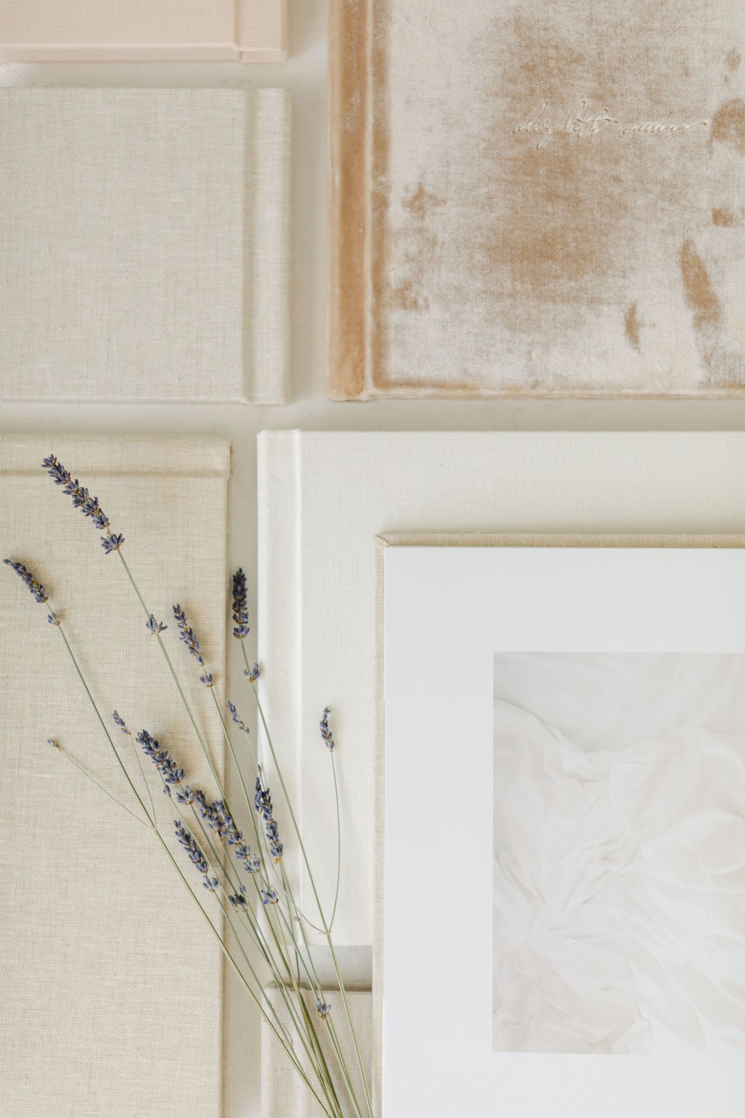 Dried lavender stems lean delicately against a white wall beside a minimalist white frame.