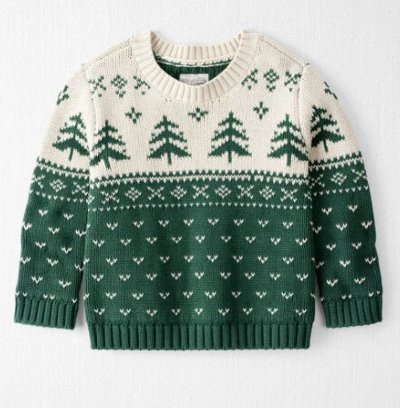Green and white Fair Isle Christmas tree knit sweater for kids with festive Nordic pattern.