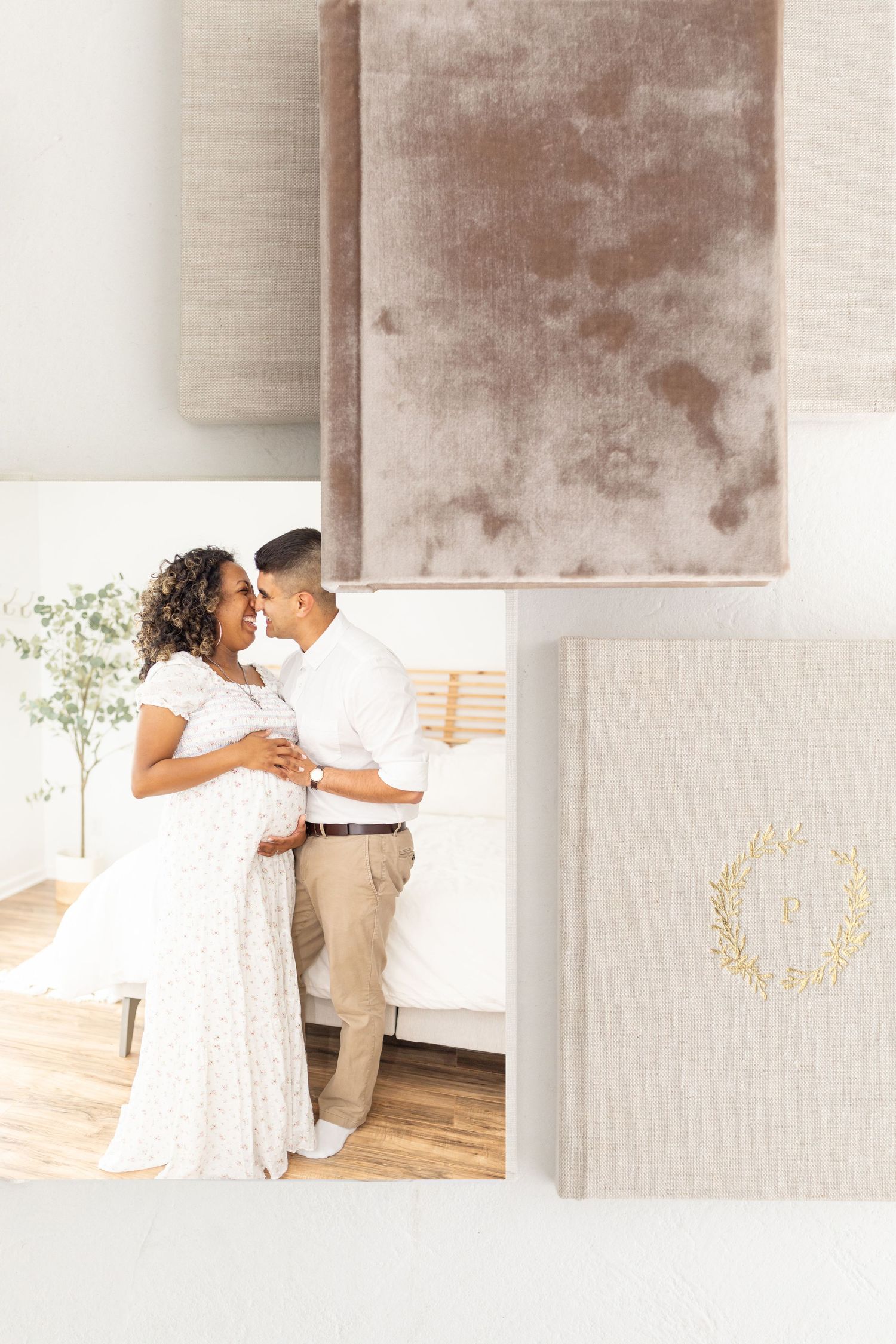 An elegant photo layout featuring a linen-bound wedding album and a romantic couple in a light-filled minimalist interior.