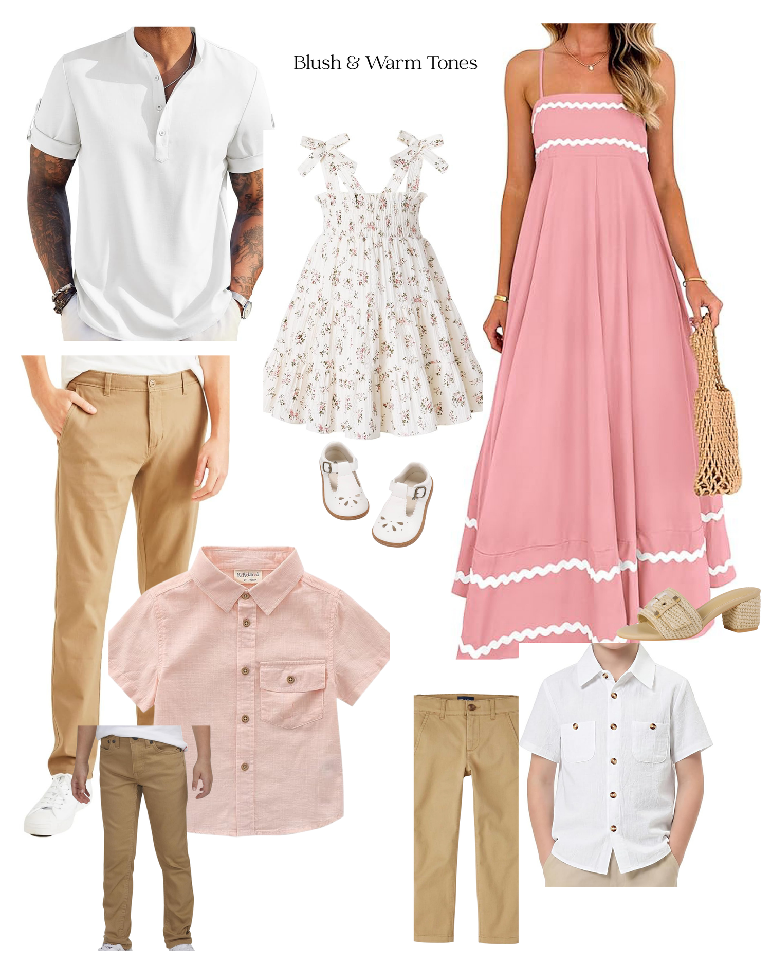 Blush and warm tones family outfit collage featuring pink maxi dress, white polo, khaki pants, floral girl dress, and boys pink shirt.