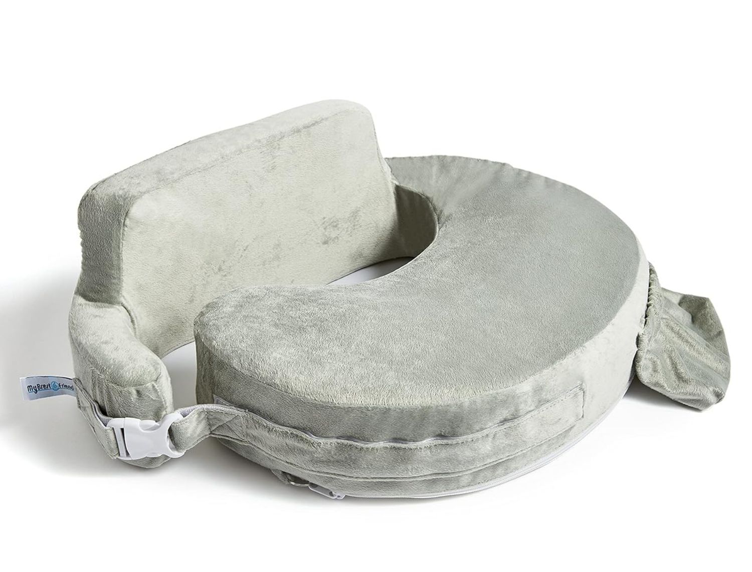 A light gray nursing pillow with plush padding and side pockets for breastfeeding support.