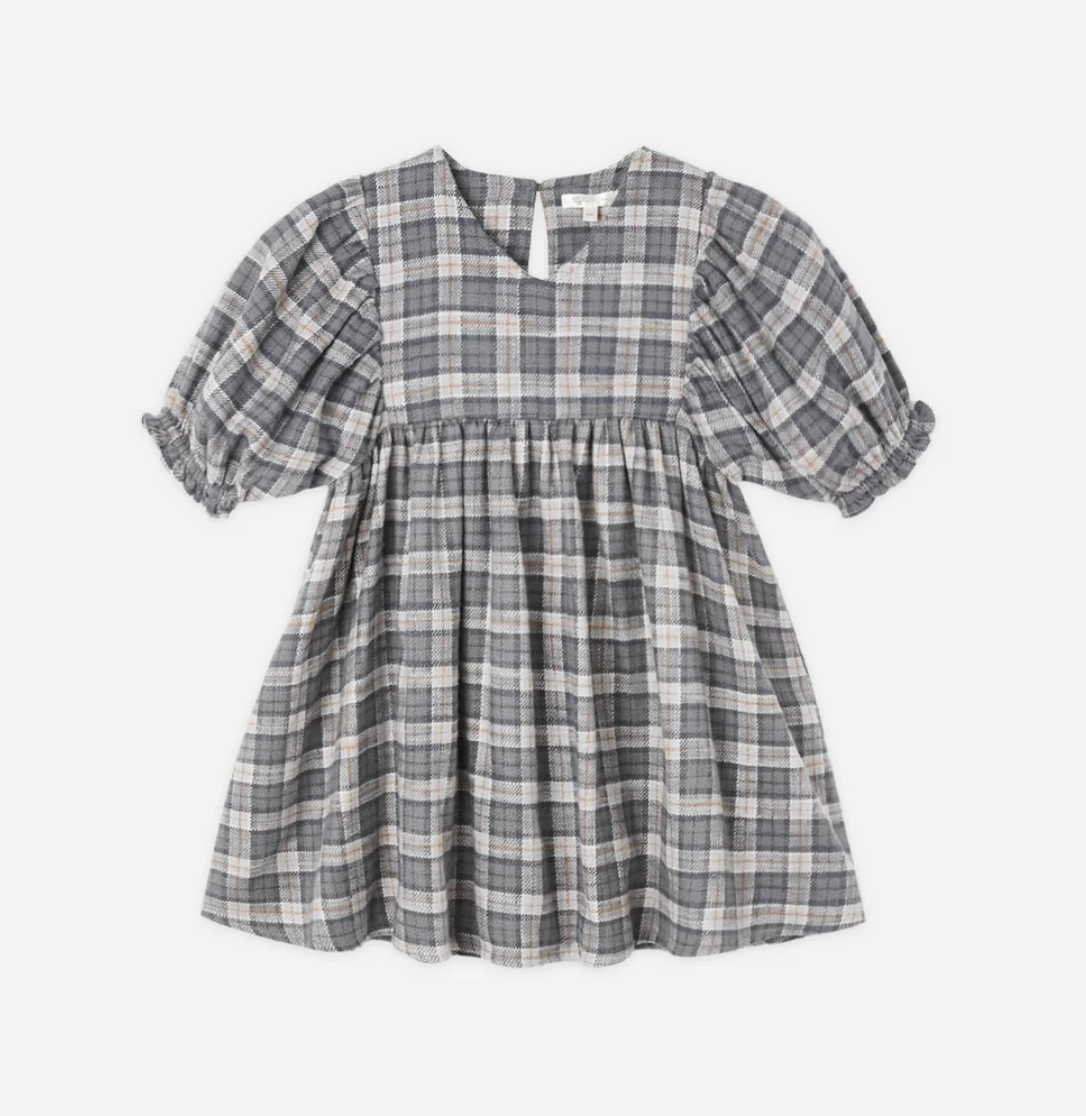 Gray plaid puff sleeve babydoll dress for girls with gathered waist and ruffled cuffs.