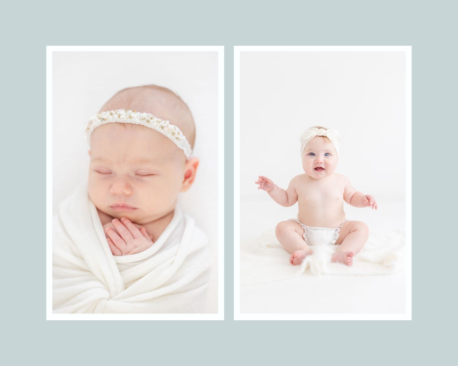 Newborn baby swaddled in white blanket with floral headband beside a smiling infant in diaper sitting upright.