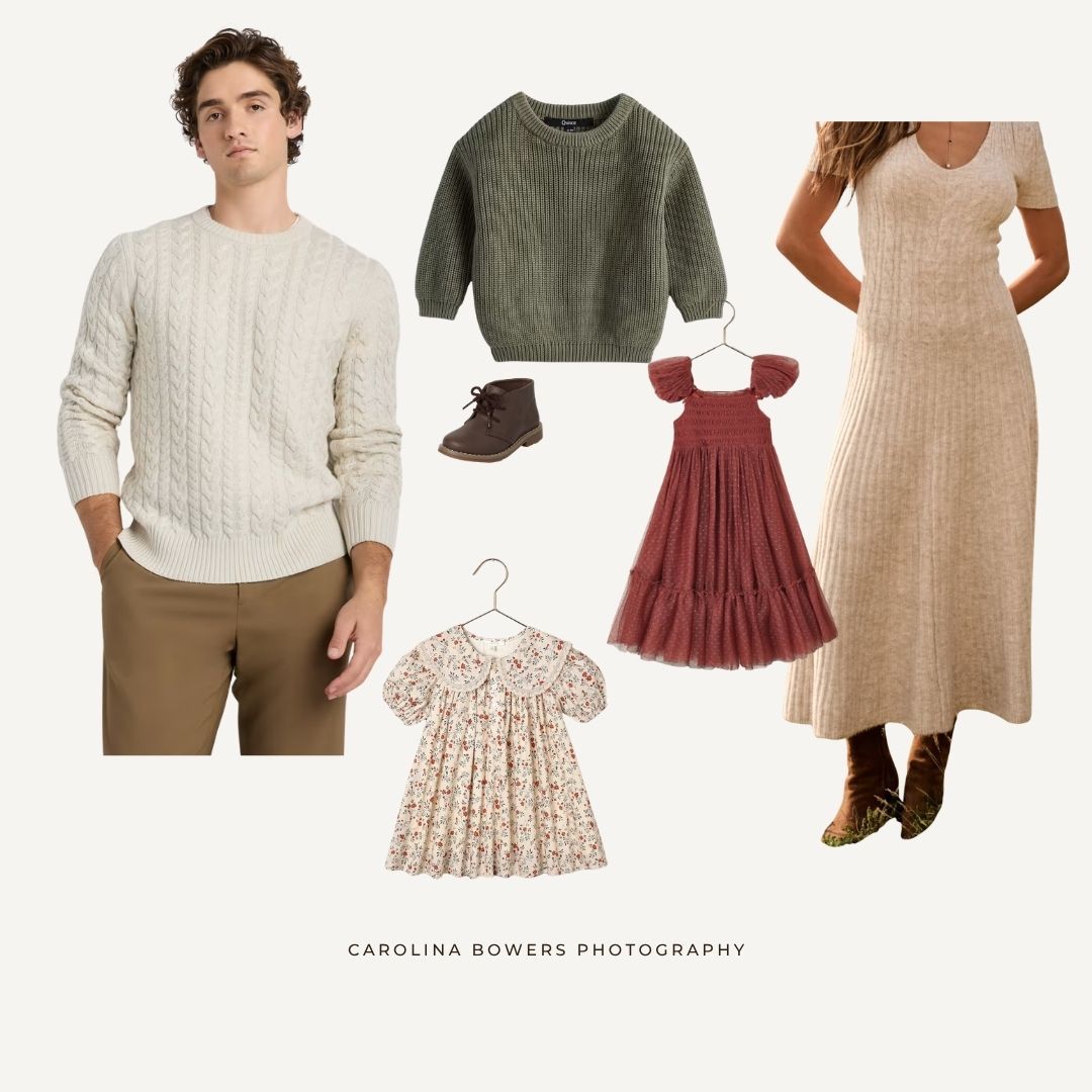 Family photo outfit inspiration featuring cream cable-knit sweater, khakis, green kids sweater, floral dress, burgundy tulle dress, and beig