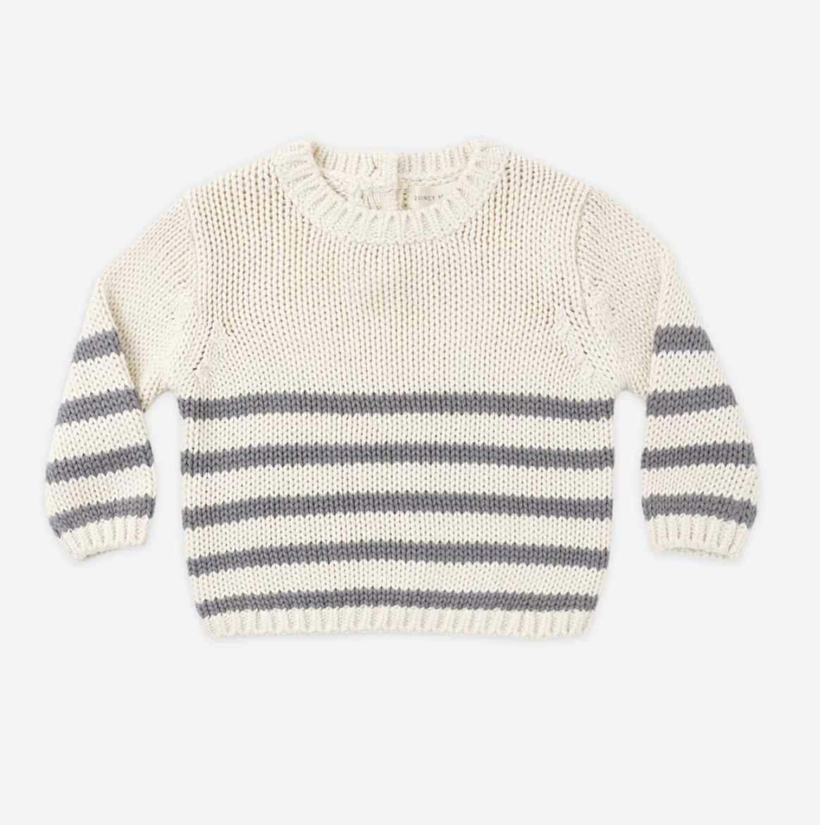 Cream chunky knit baby sweater with gray stripes, featuring a round neckline and long sleeves.