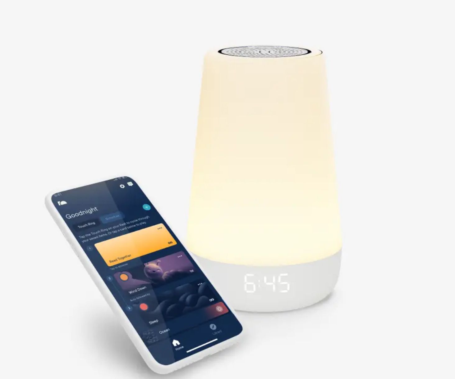 Mobile app interface mockups shown alongside a glowing white smart lamp device on light background.