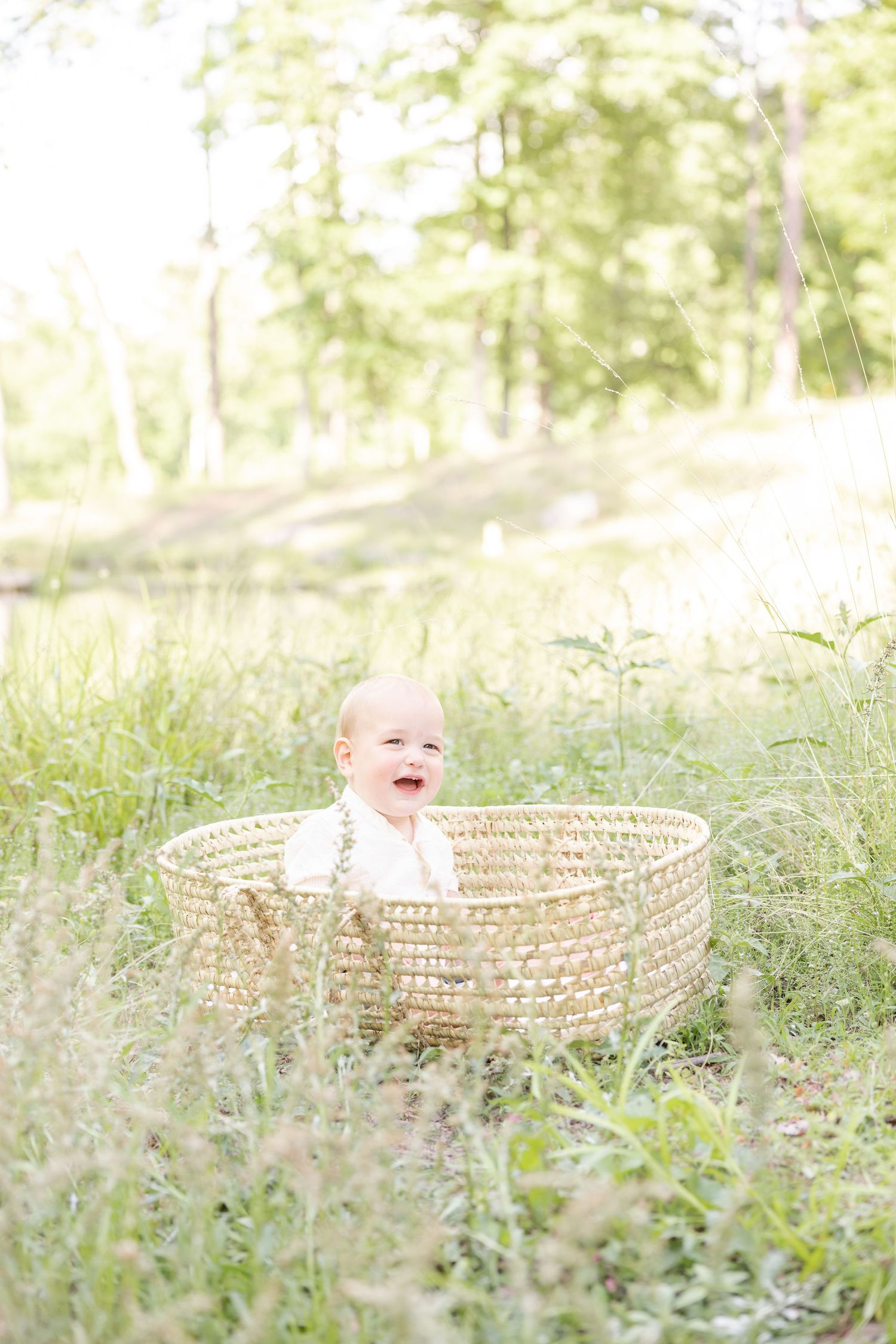 A small baby sits in a large woven basket surrounded by tall grass and sunlit trees in a dreamy outdoor setting by Columbus, GA photographer