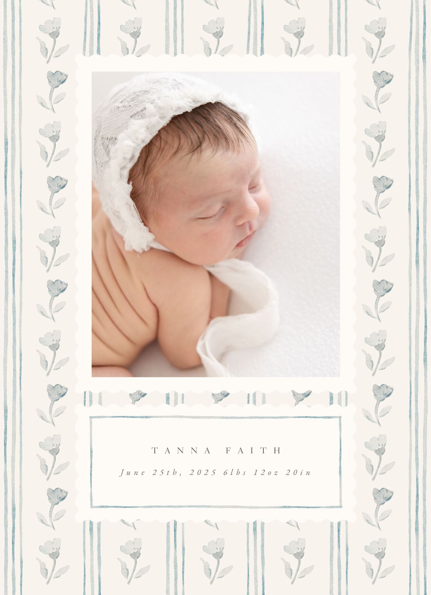 Elegant baby birth announcement card featuring a newborn photo with floral border design and name Tanna Faith.