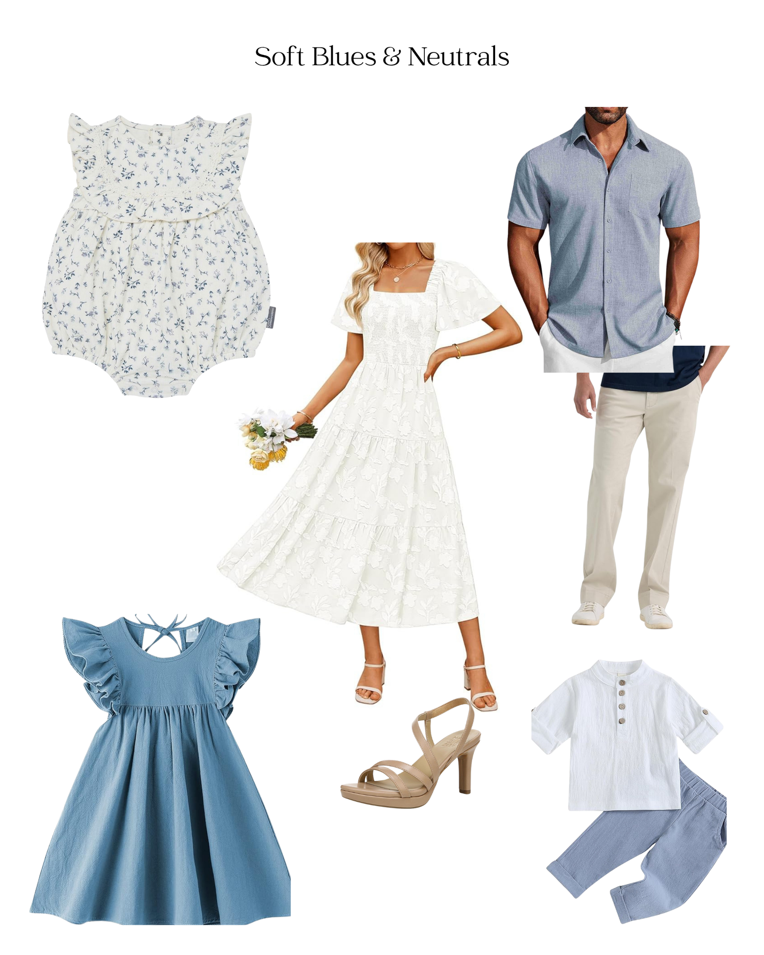 Soft blues and neutrals family outfit collection featuring floral romper, blue dress, white midi dress, blue shirt with khakis, and boy set.