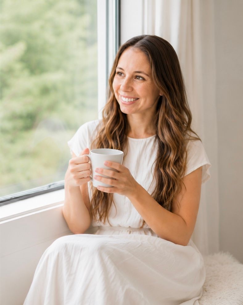 Smiling woman in white dress holding a coffee mug by a bright window with green trees in the background.