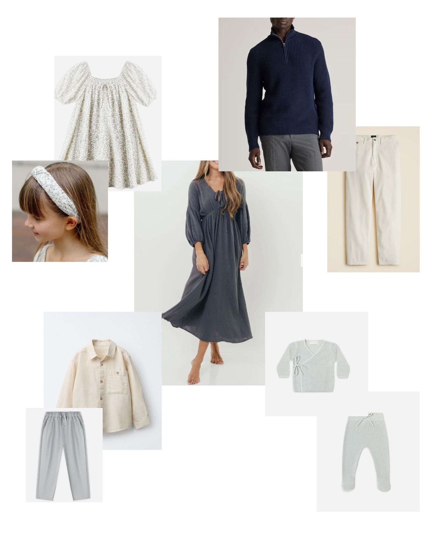 A collection of minimalist clothing items in neutral colors including dresses, sweaters, pants, and tops arranged in a grid pattern.