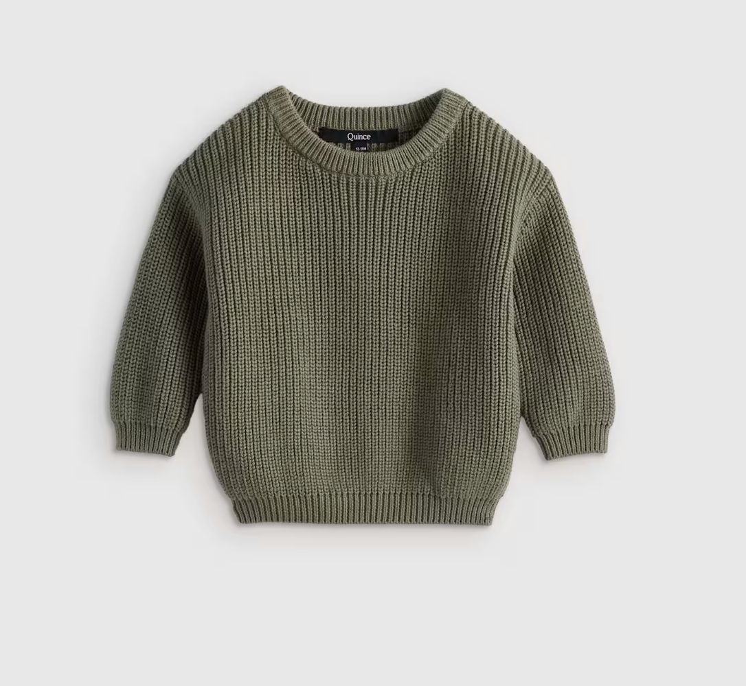 Olive green ribbed knit crewneck sweater for babies with long sleeves and relaxed fit.