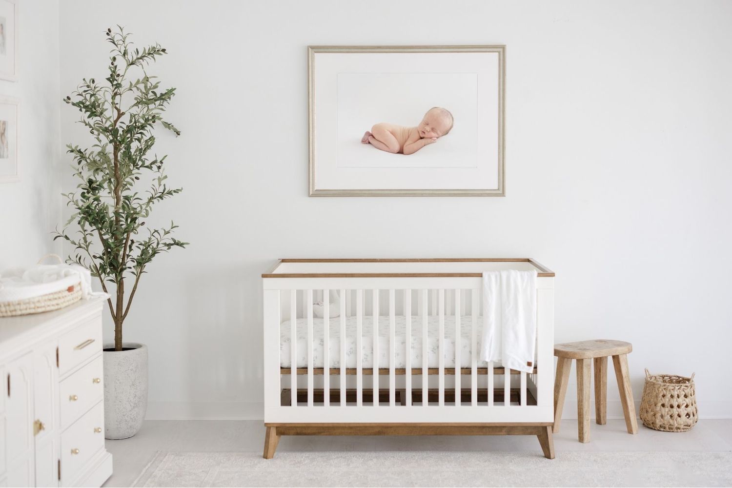 Minimalist white nursery with a wooden crib, framed newborn photo, potted olive tree, and natural wood accents.