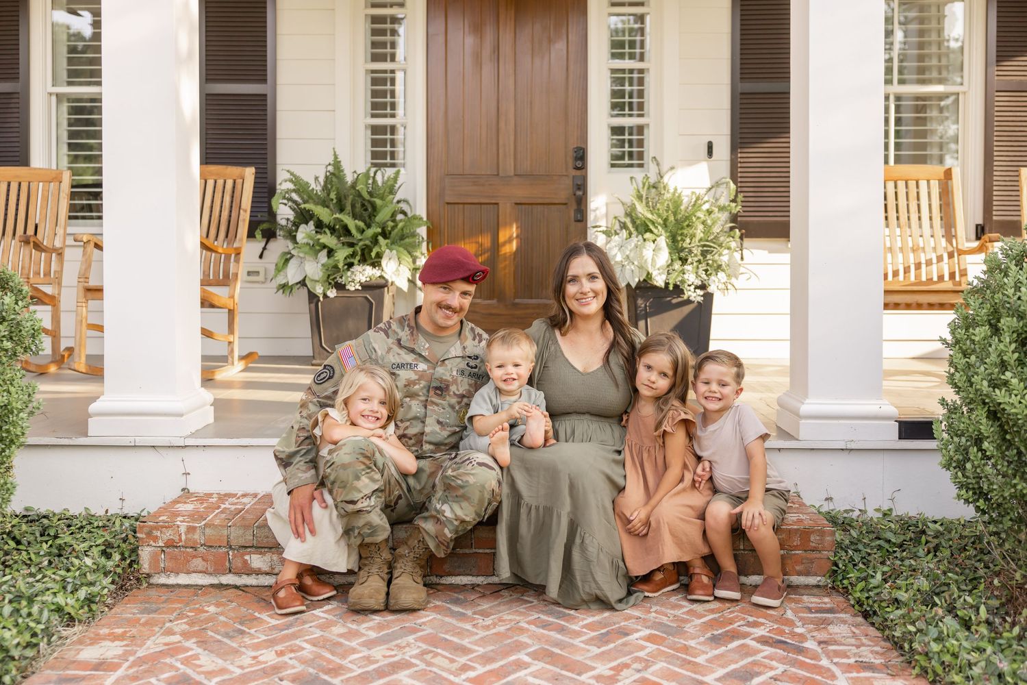 A series of casual outdoor family photos arranged side by side showing candid moments on a porch with stairs.