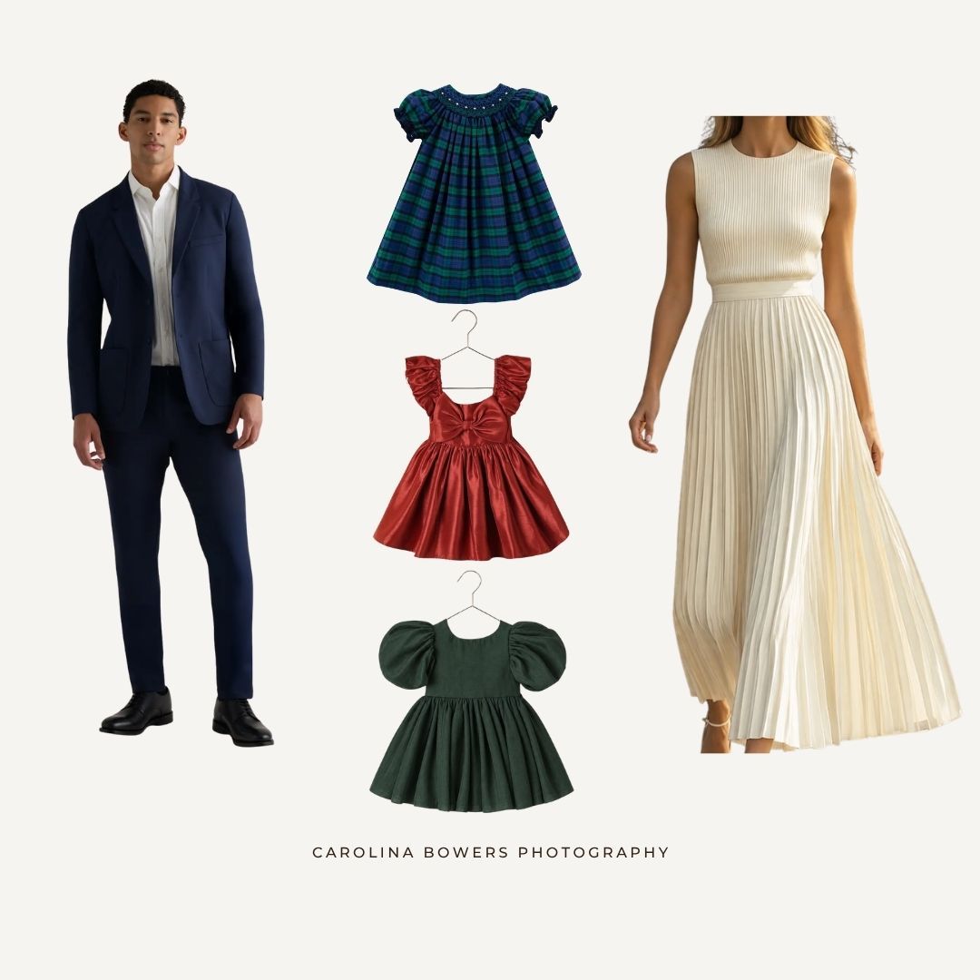 Family photo outfit guide featuring navy suit, cream pleated dress, and three girls dresses in plaid, red, and green.