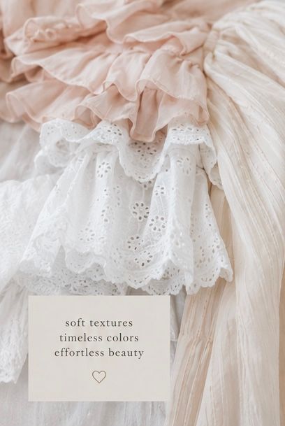 Soft white eyelet lace and blush pink ruffled fabric layers with timeless, effortless beauty in neutral tones.