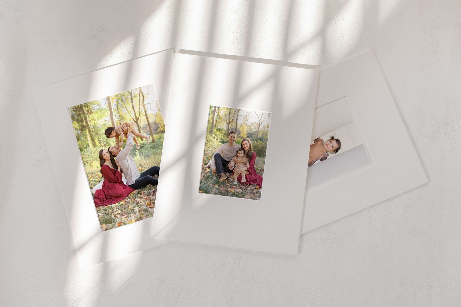 Three family portrait photos arranged on a white surface with soft window light shadows, featuring outdoor autumn sessions.