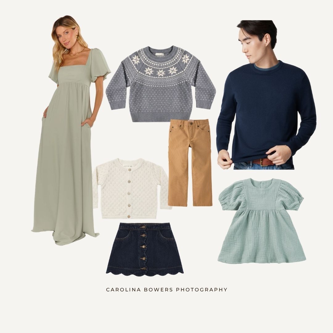 Family photo outfit guide featuring sage maxi dress, navy sweater, kids coordinating clothes in neutrals and sage tones.